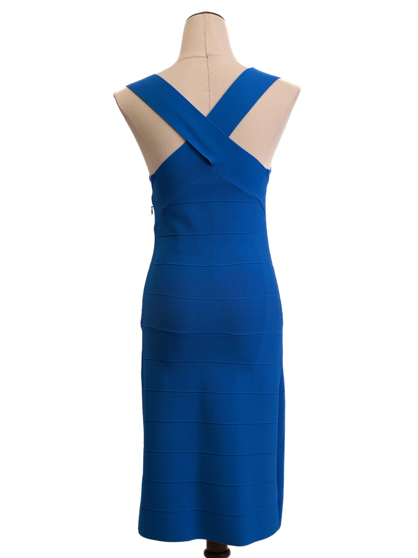 excellent reiss bodycon dress blue v-neck xs with criss-cross detail