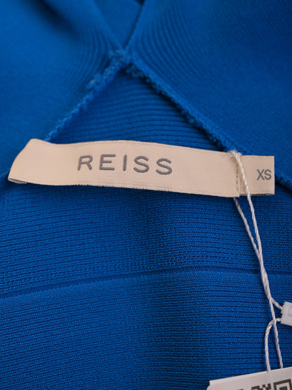 Excellent Reiss Bodycon Dress Blue V-Neck XS with Criss-Cross Detail