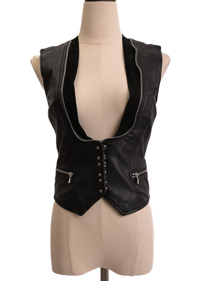 Excellent Balmain Black Leather Vest XS with Zipper Details
