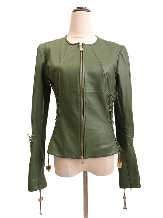 Excellent Versace Green Leather Jacket Women Size M