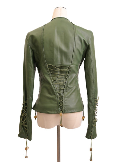 Excellent Versace Green Leather Jacket Women Size M