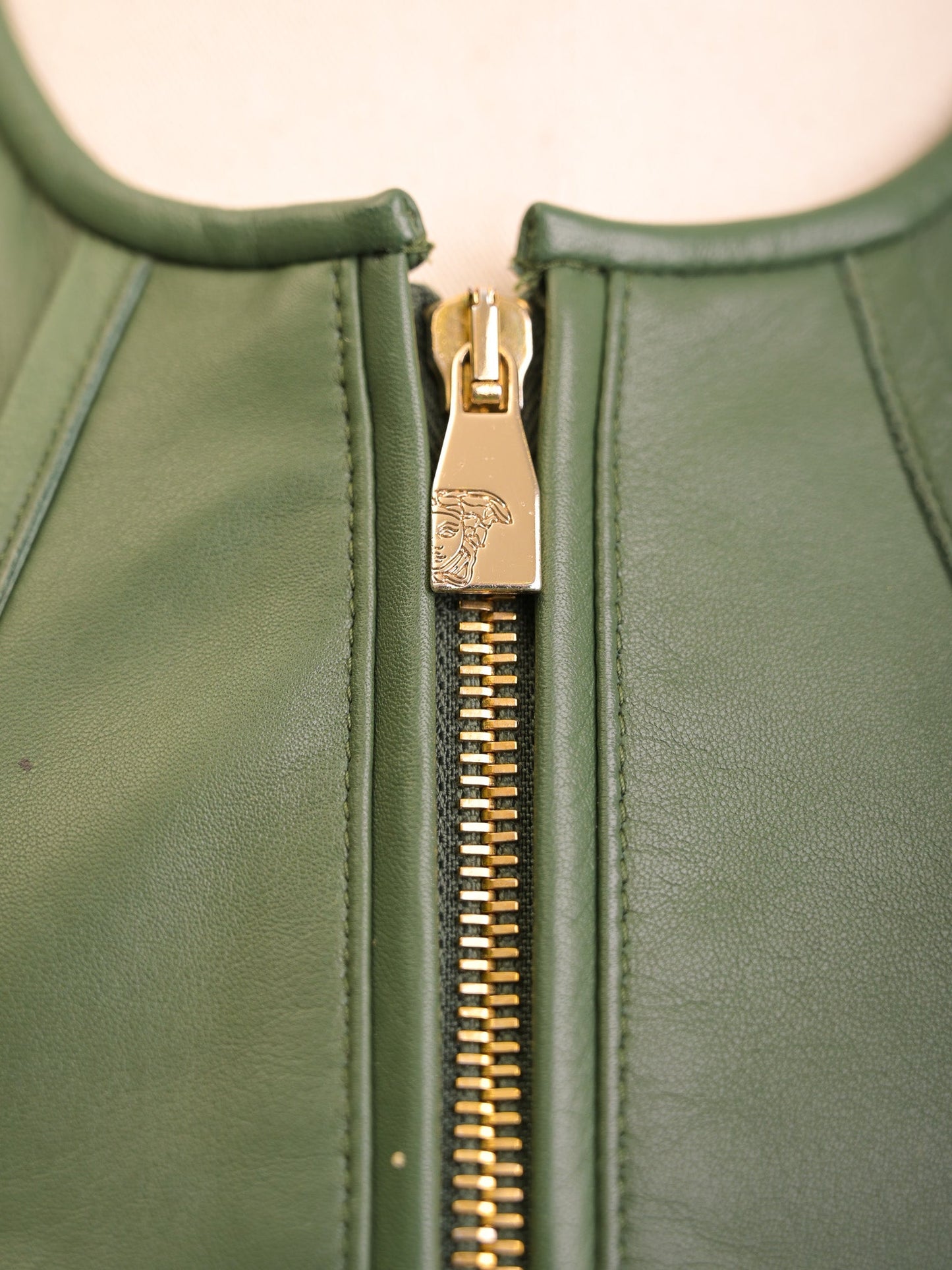 excellent versace green leather jacket women size m