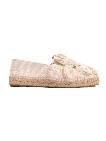 Average Condition Chanel White Espadrille Shoes with Floral Accents