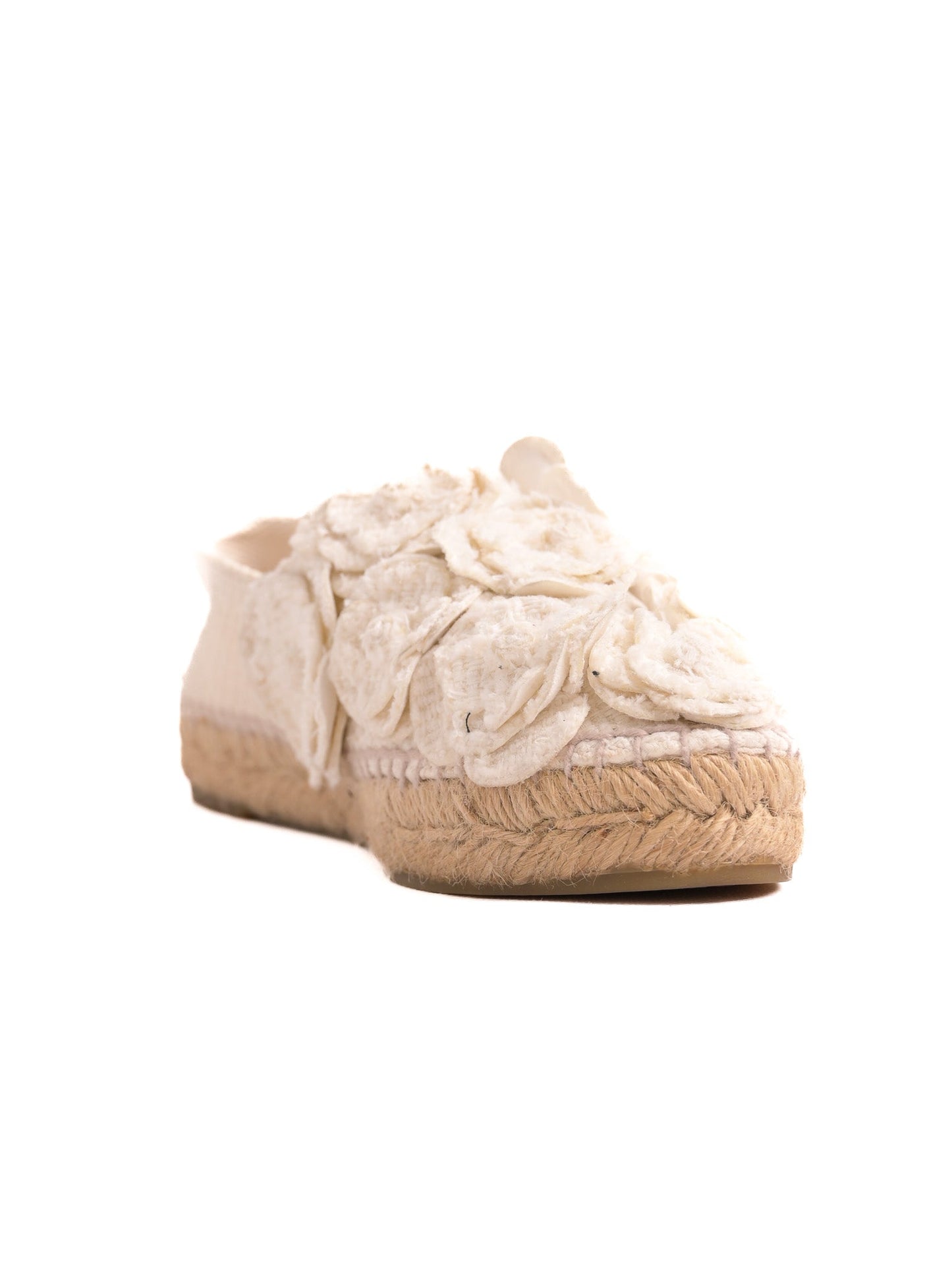 average condition chanel white espadrille shoes with floral accents