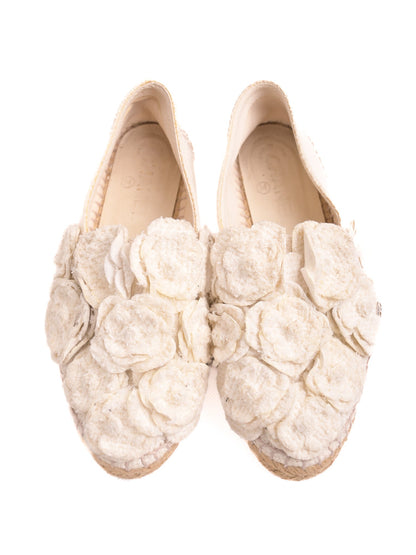Average Condition Chanel White Espadrille Shoes with Floral Accents