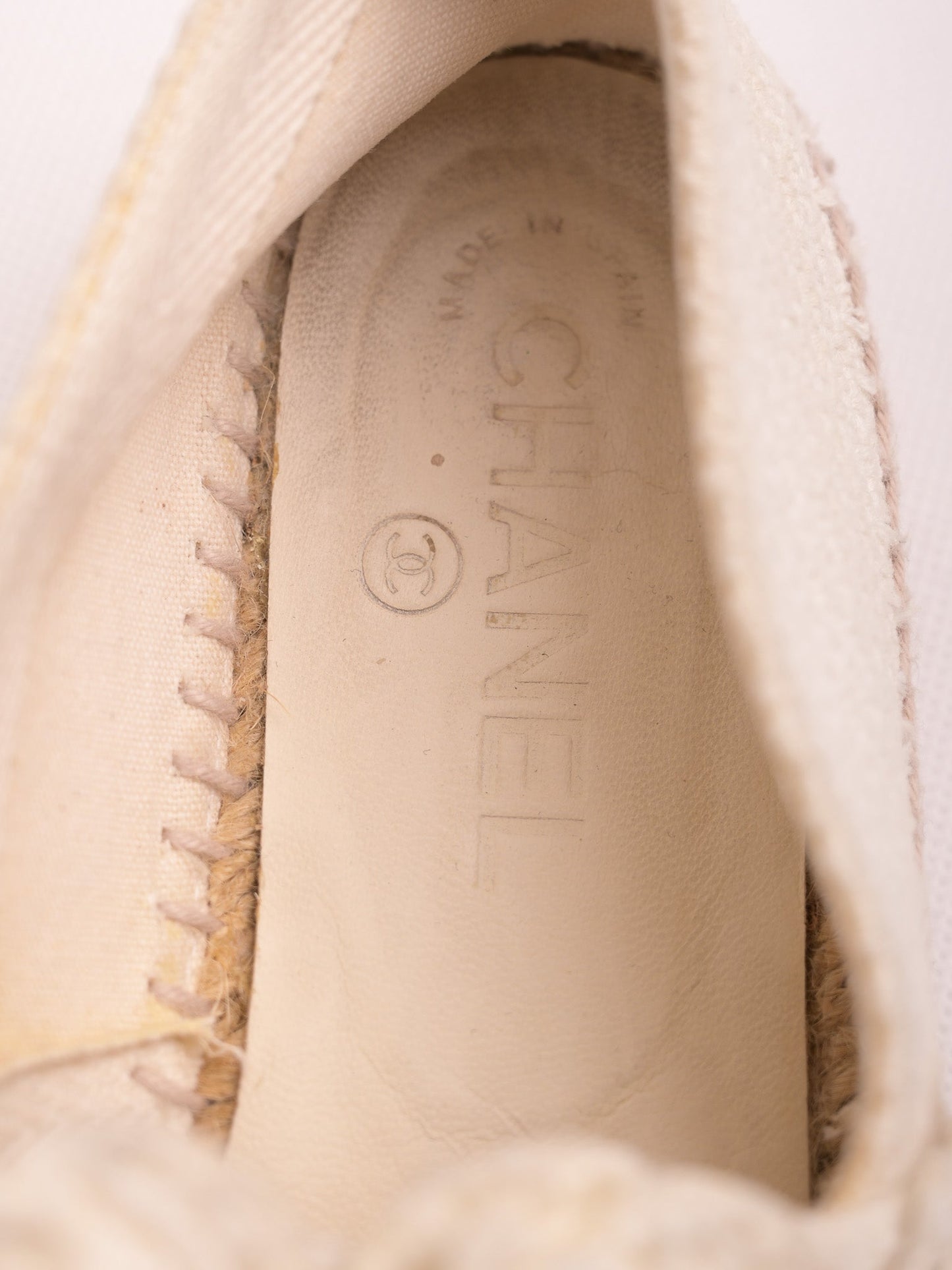 average condition chanel white espadrille shoes with floral accents