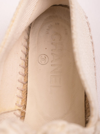 Average Condition Chanel White Espadrille Shoes with Floral Accents