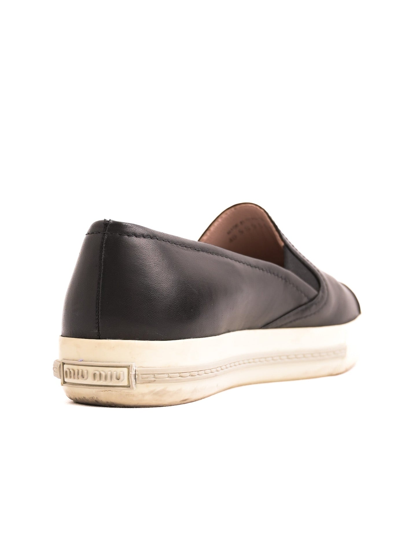 excellent miu miu black leather slip-on shoes size 40 with metallic toe cap