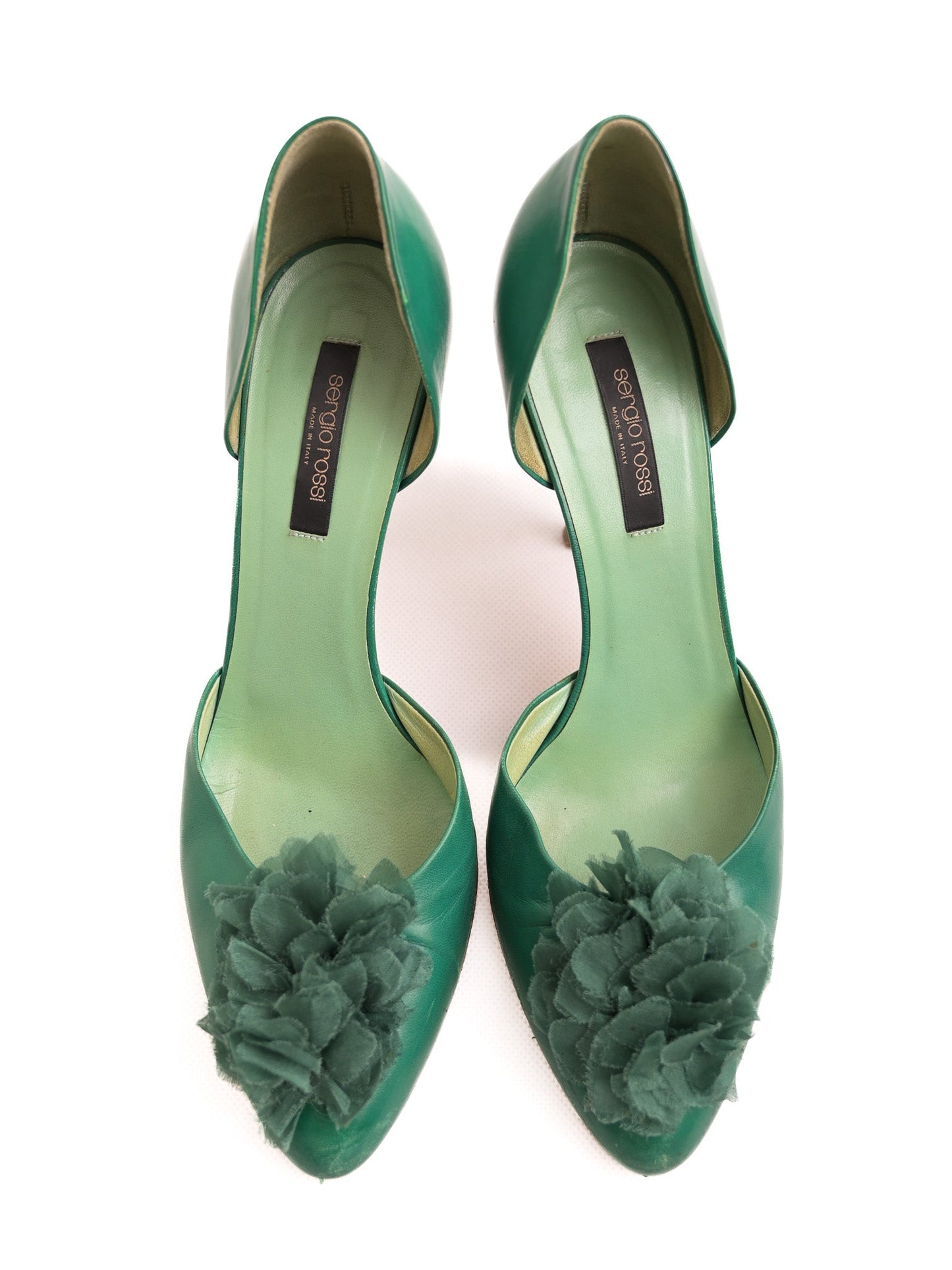 good sergio rossi green leather high-heeled shoes with floral detail