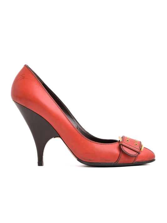 Good Giuseppe Zanotti Red Leather High-Heeled Pumps with Buckle Detail