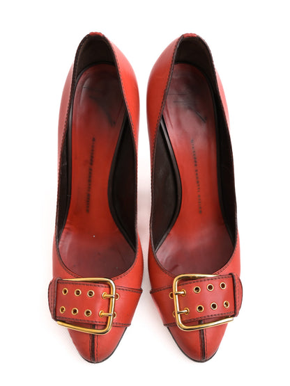 Good Giuseppe Zanotti Red Leather High-Heeled Pumps with Buckle Detail