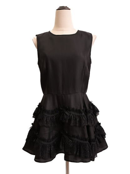 Excellent Red Valentino Black Sleeveless Dress with Fringe Detail