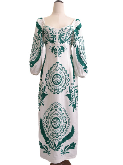 NEW Uterque Long White Dress Green Patterns Size S