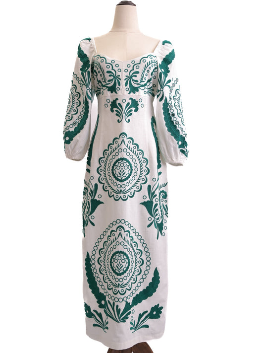 NEW Uterque Long White Dress Green Patterns Size S