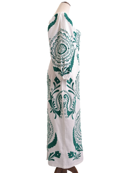 NEW Uterque Long White Dress Green Patterns Size S