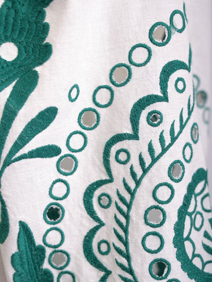 NEW Uterque Long White Dress Green Patterns Size S
