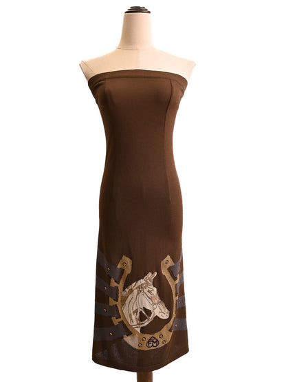 Excellent Frankie Morello Orange Strapless Dress Size S with Horse Motif