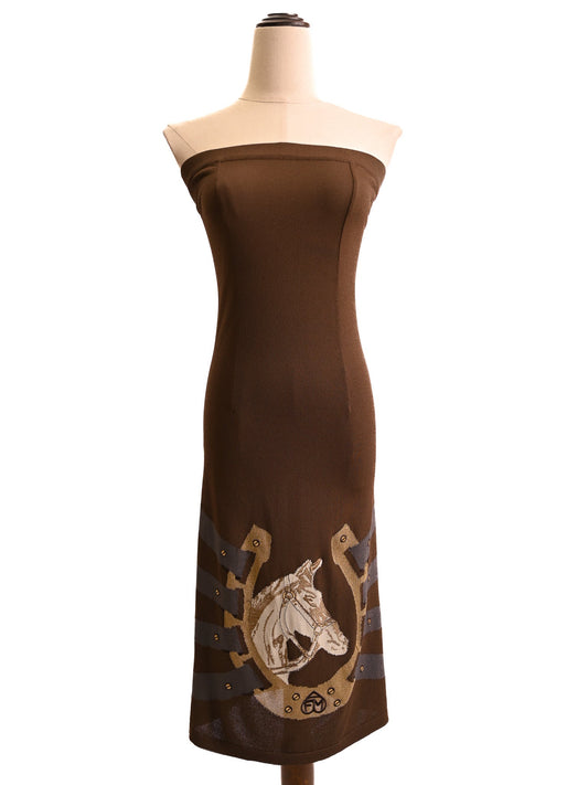 Excellent Frankie Morello Orange Strapless Dress Size S with Horse Motif