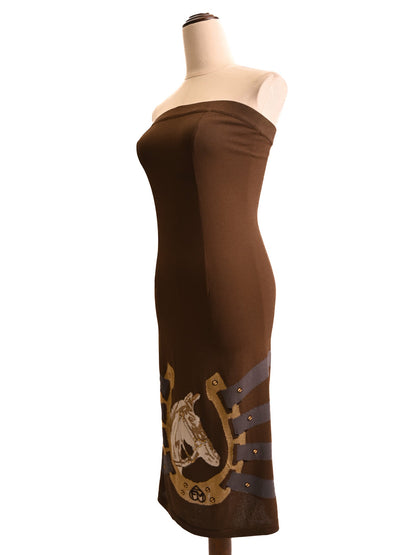 Excellent Frankie Morello Orange Strapless Dress Size S with Horse Motif