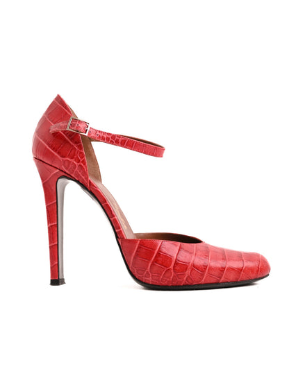 Excellent Ernesto Esposito Red Leather High-Heeled Shoes with Ankle Strap