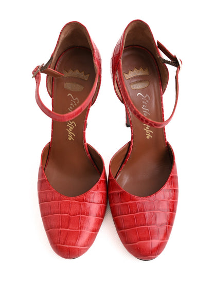 Excellent Ernesto Esposito Red Leather High-Heeled Shoes with Ankle Strap