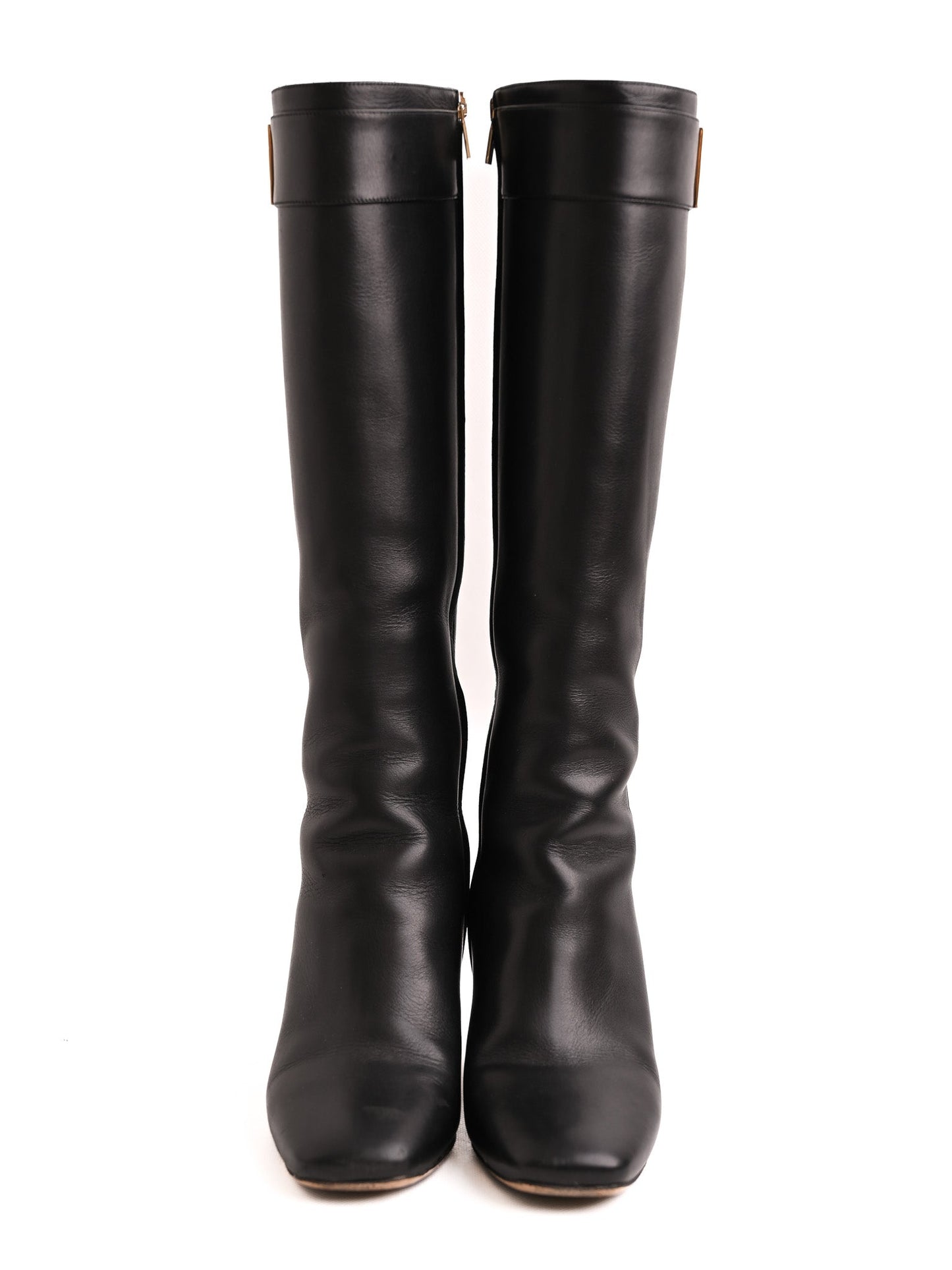 excellent salvatore ferragamo black leather knee-high boots with buckle