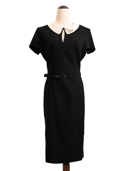 Excellent Escada Black Silk Dress Women's M with Decorative Collar