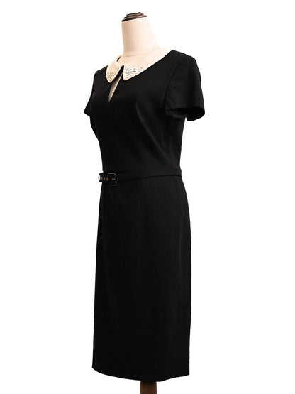Excellent Escada Black Silk Dress Women's M with Decorative Collar