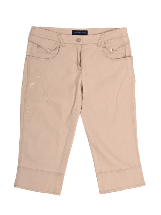 Trussardi White Cotton Knee-Length Pants with Floral Embroidery