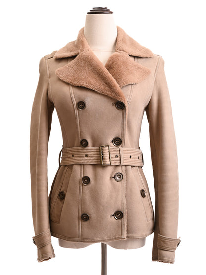 Excellent Burberry Beige Double-Breasted Wool Jacket with Fur Collar
