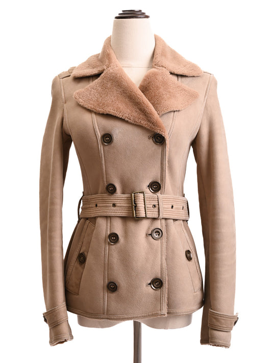 Excellent Burberry Beige Double-Breasted Wool Jacket with Fur Collar
