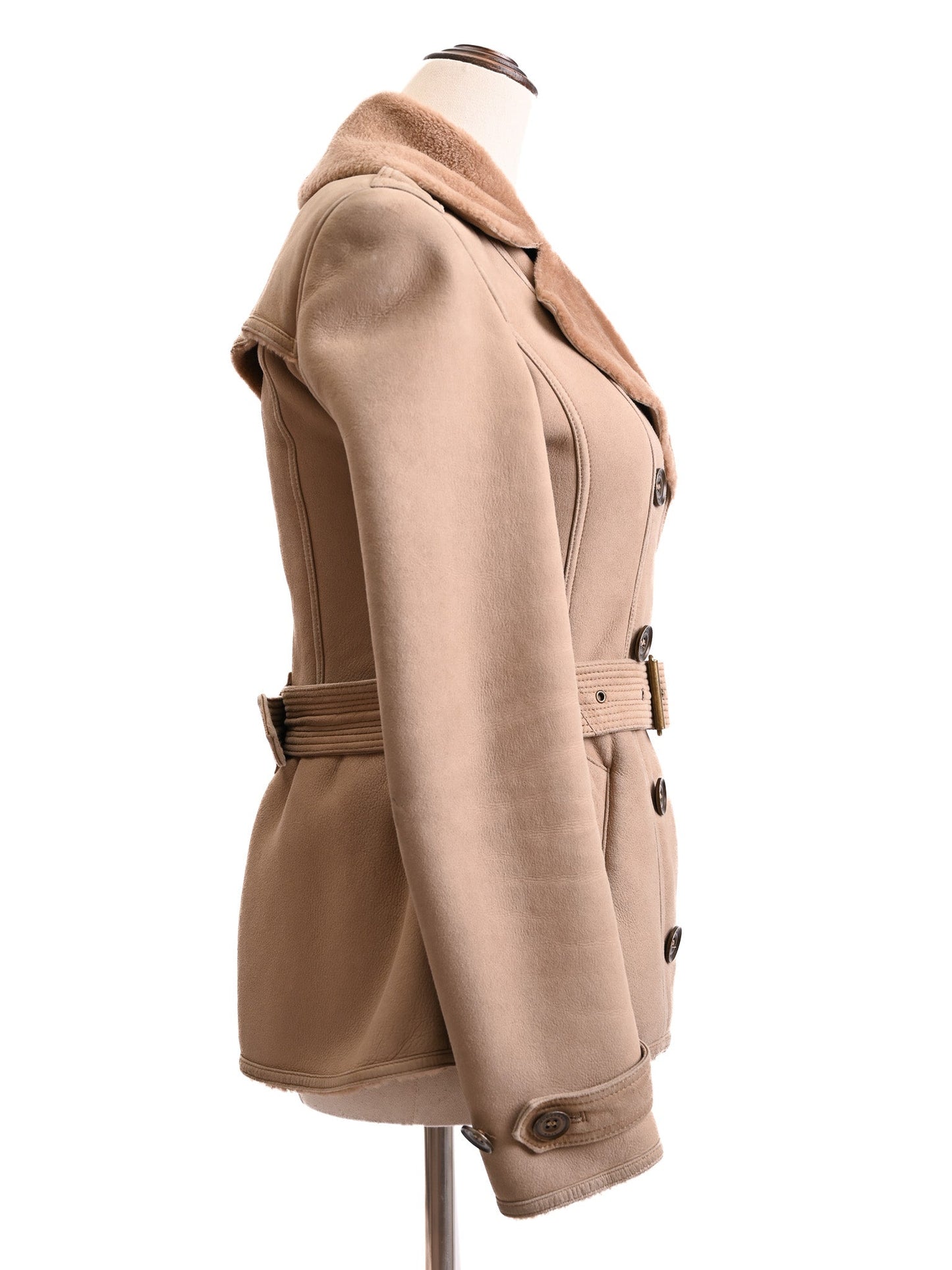 excellent burberry beige double-breasted wool jacket with fur collar