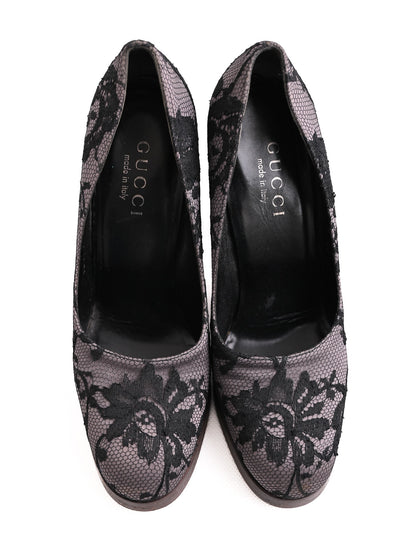 Excellent Gucci Black Lace Floral High-Heeled Platform Shoes Size 36