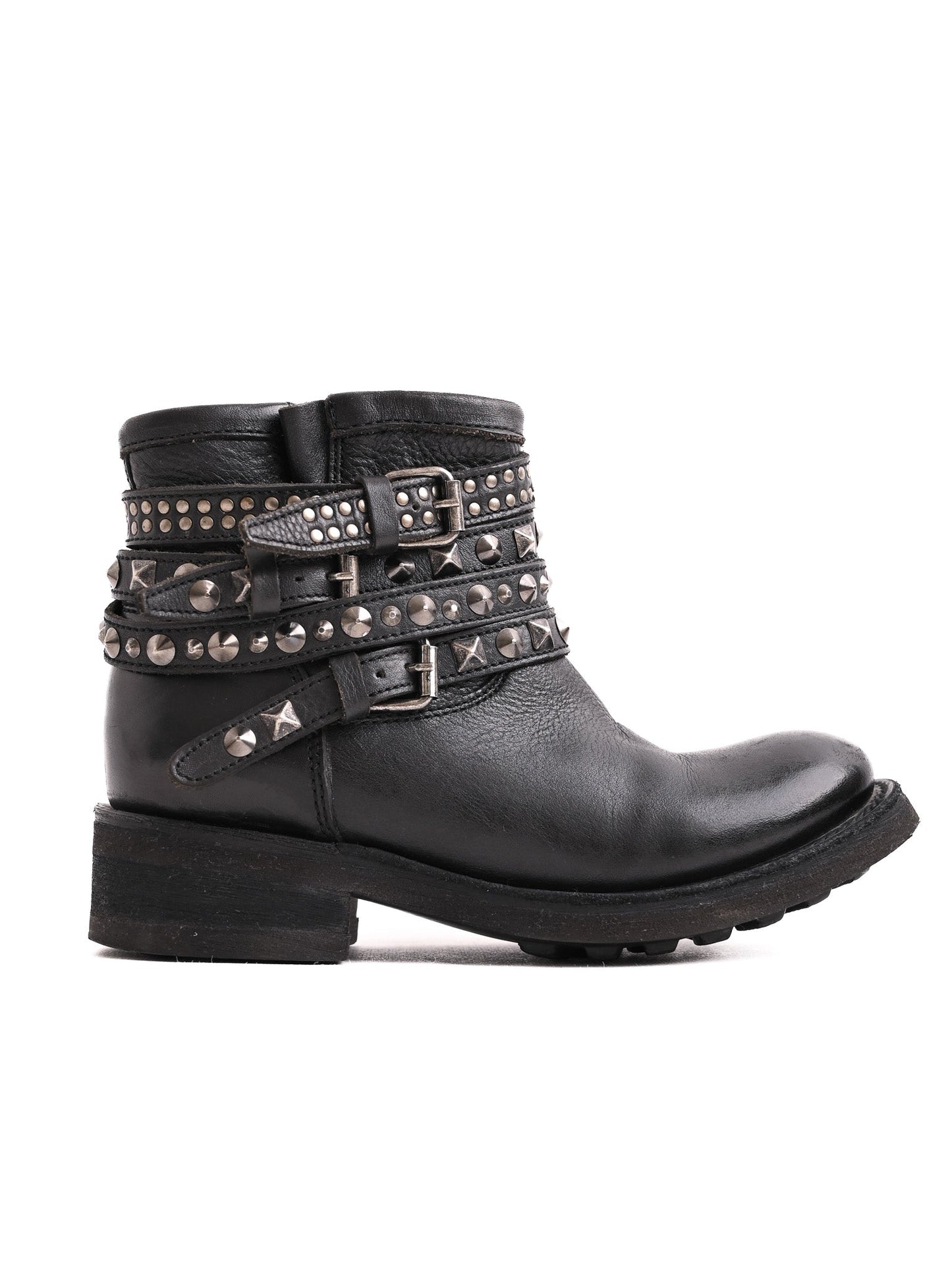excellent ash black leather ankle boots with straps and studs size 37.5