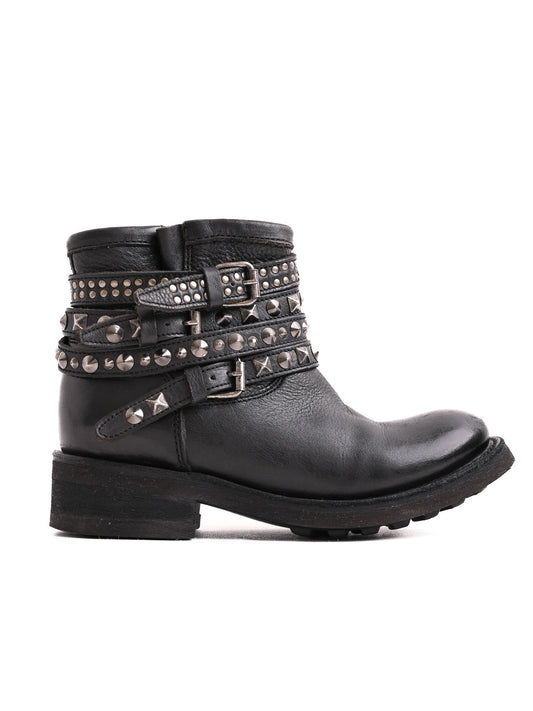 Excellent Ash Black Leather Ankle Boots with Straps and Studs Size 37.5