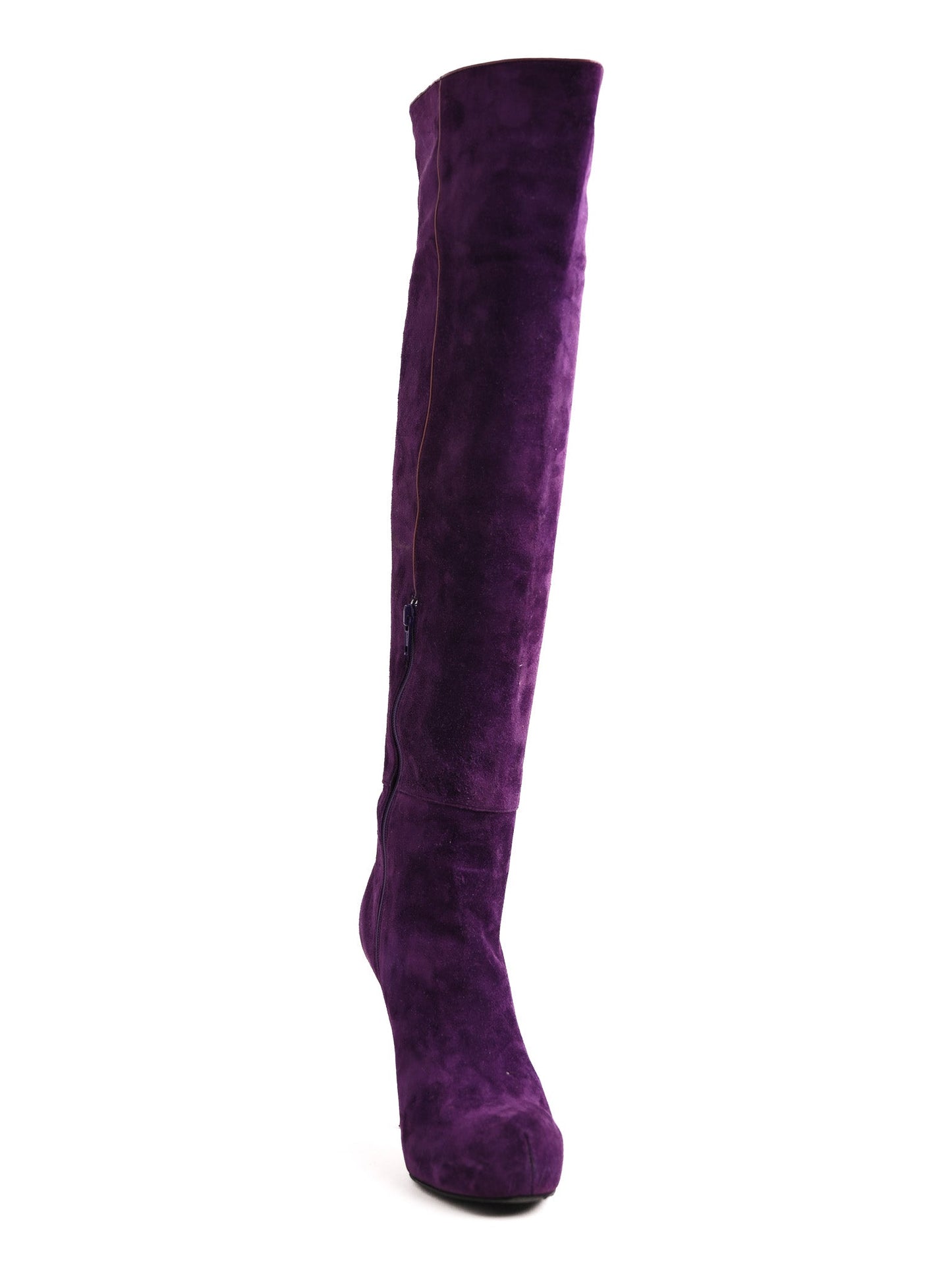 excellent bruno frisoni purple leather thigh-high stiletto boots size 37.5