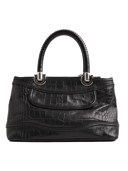 Excellent Giorgio Armani Black Leather Handbag with Crocodile Pattern
