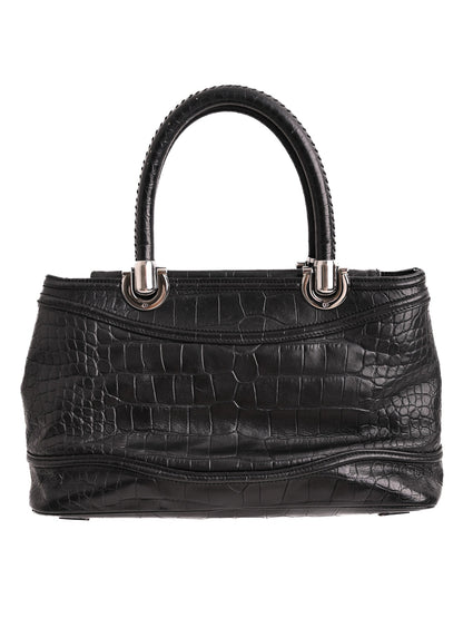Excellent Giorgio Armani Black Leather Handbag with Crocodile Pattern