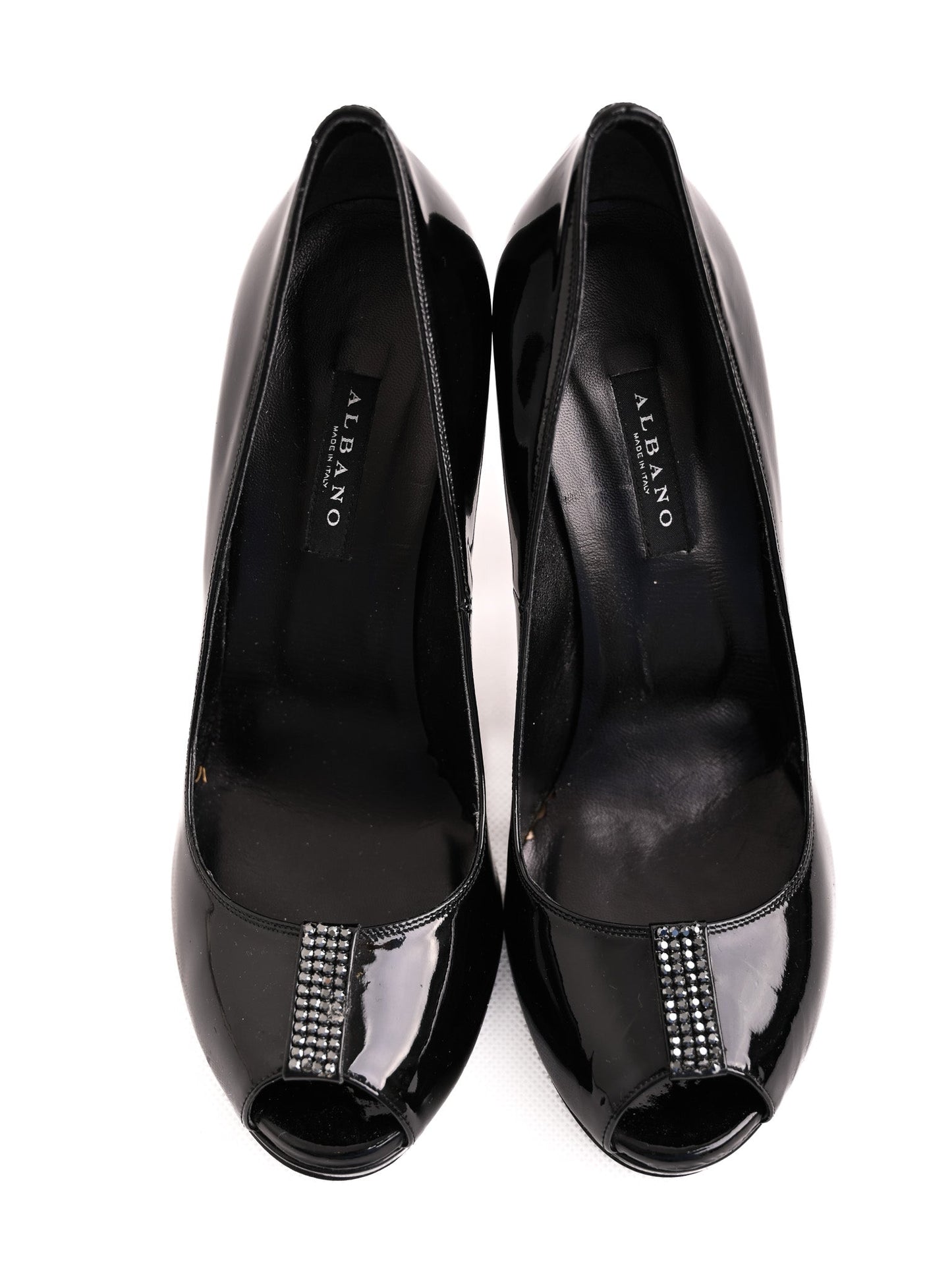 excellent albano black leather high heeled peep-toe shoes size 39