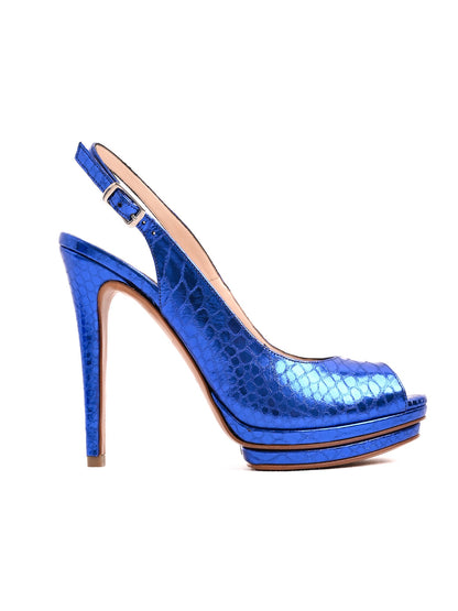 Excellent Albano Blue Leather Slingback Peep-Toe Pumps Size 38