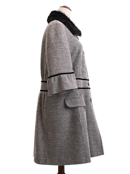 Excellent BGN First Wool Houndstooth Coat with Fur Collar Size XXL
