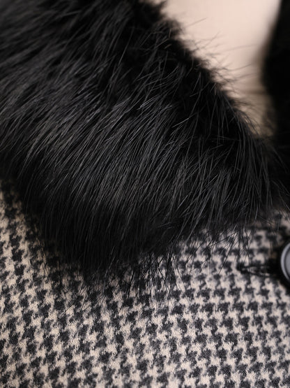 Excellent BGN First Wool Houndstooth Coat with Fur Collar Size XXL