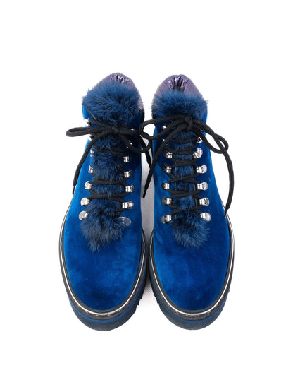 Perfect Pollini Blue Velvet Boots with Fur Trim Size 37