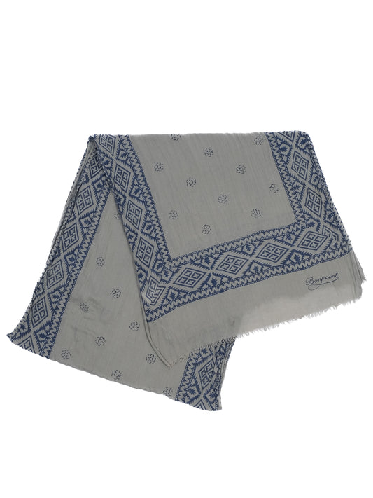 Excellent Bonpoint Geometric Patterned Scarf Cotton Gray Blue Design