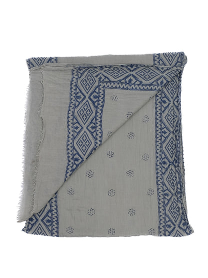 Excellent Bonpoint Geometric Patterned Scarf Cotton Gray Blue Design