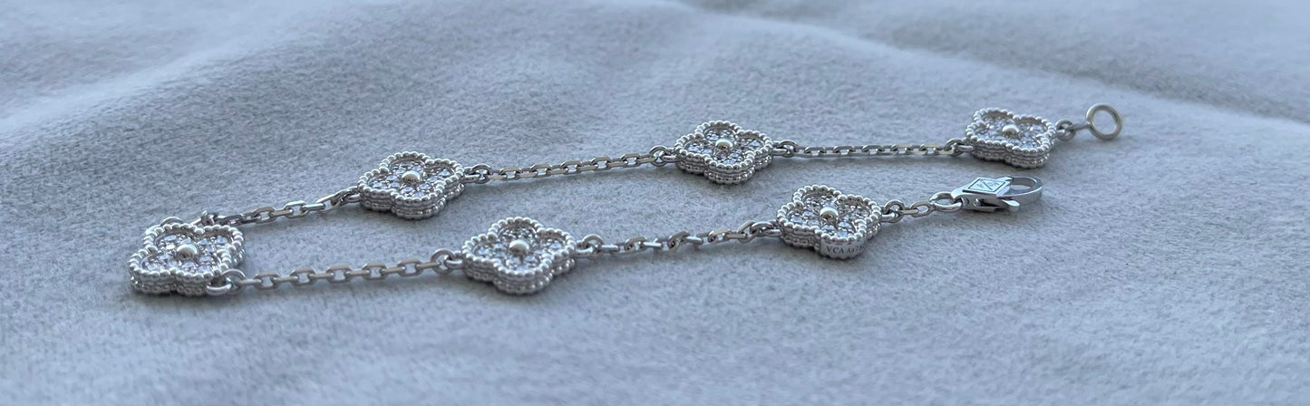 van cleef & arpels sweet alhambra diamond pave 6 motifs white gold bracelet