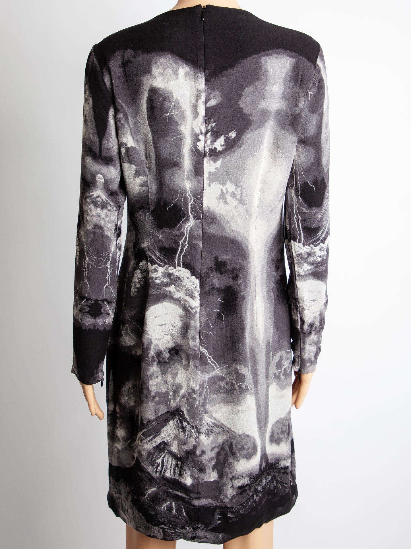 good alexander mcqueen gray silk dress long sleeve stormy print