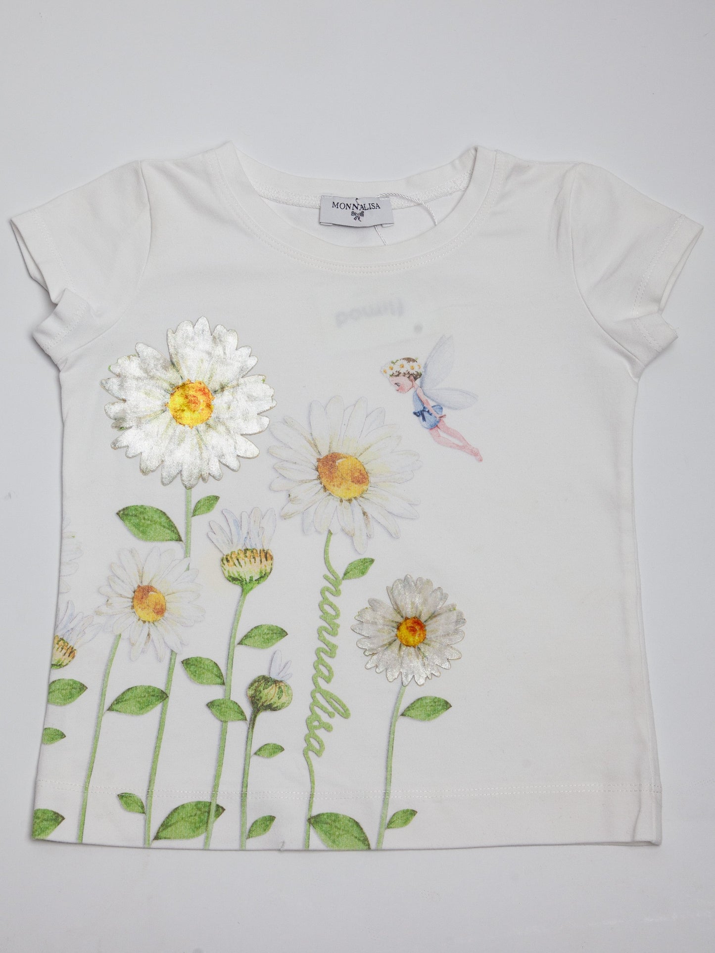 good monnalisa white cotton t-shirt size 4 daisies fairy design