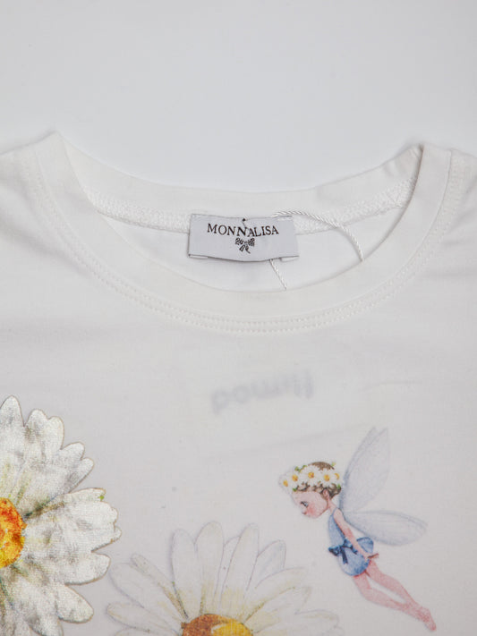 Good Monnalisa White Cotton T-Shirt Size 4 Daisies Fairy Design