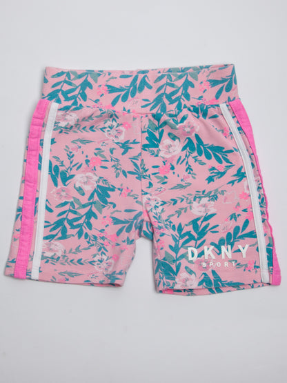 Good DKNY Pink Floral Kids Shorts Size 5 with Logo